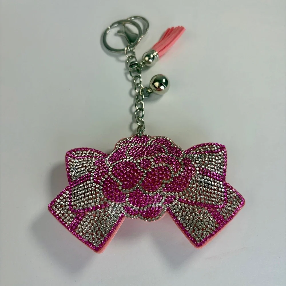 Sparkly Keychain Pink Rhinestone Bow Tassel Bell Bag Charm Coquette‎ Y2K Purse